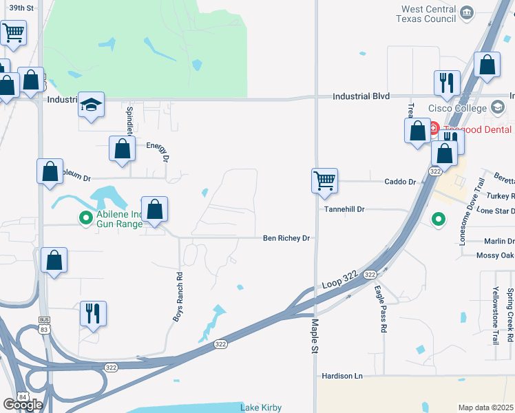 map of restaurants, bars, coffee shops, grocery stores, and more near 401 Ben Richey Drive in Abilene