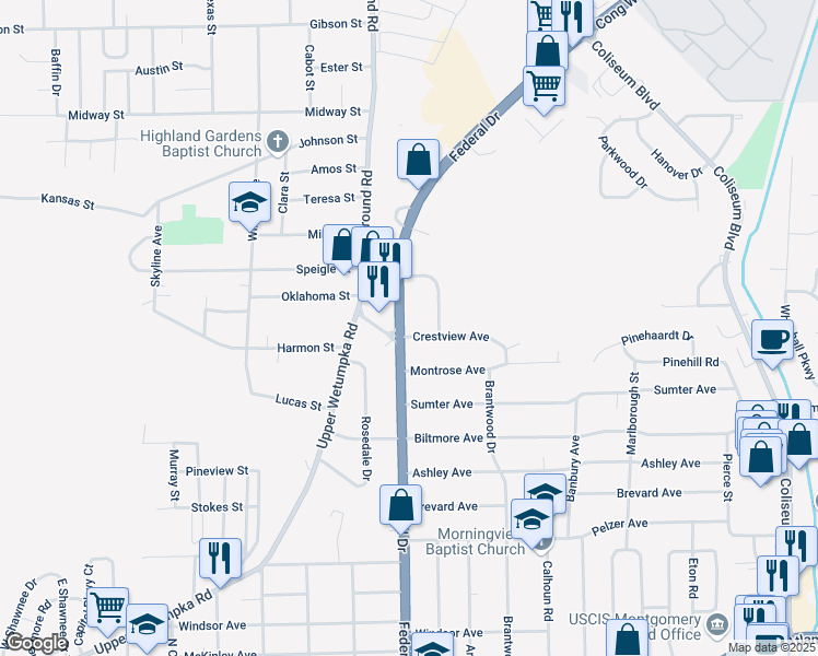 map of restaurants, bars, coffee shops, grocery stores, and more near 2703 Crestview Street in Montgomery