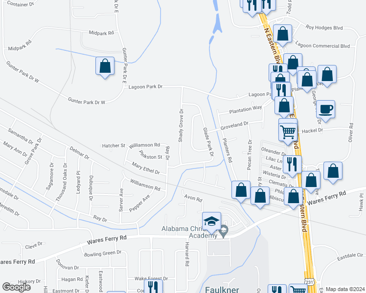 map of restaurants, bars, coffee shops, grocery stores, and more near 520 Shady Grove Drive in Montgomery