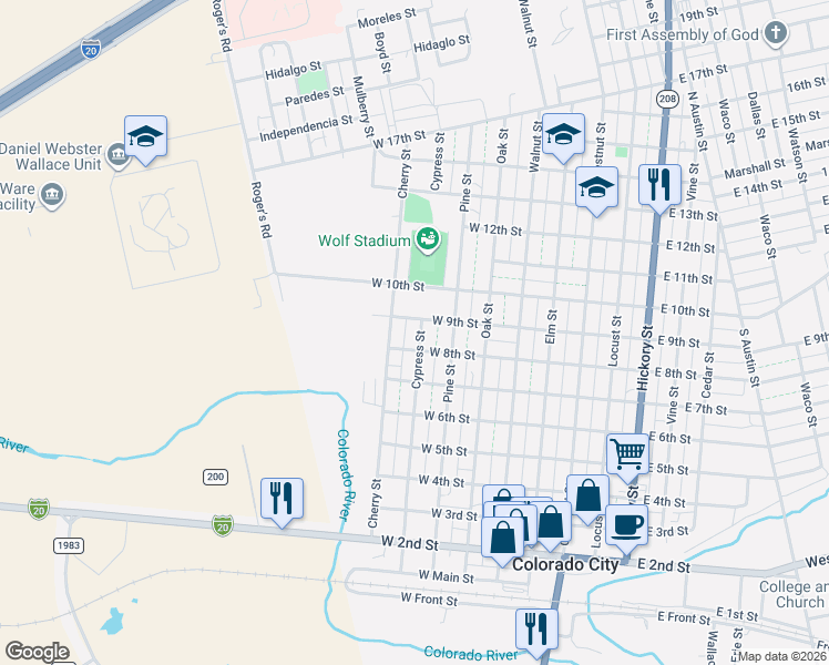 map of restaurants, bars, coffee shops, grocery stores, and more near Cypress Street in Colorado City