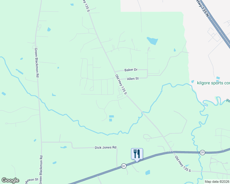 map of restaurants, bars, coffee shops, grocery stores, and more near 2567 Old Highway 135 South in Kilgore