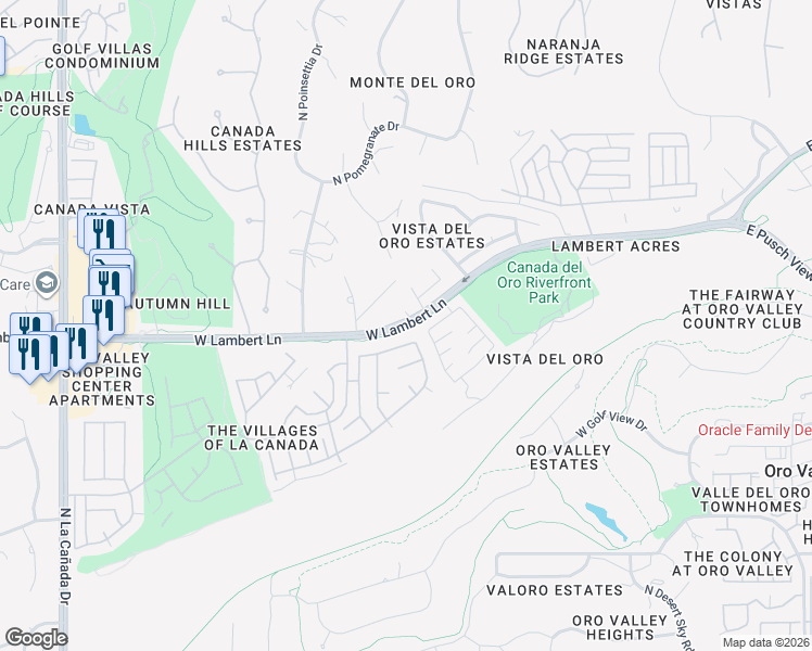 map of restaurants, bars, coffee shops, grocery stores, and more near West Lambert Lane in Tucson