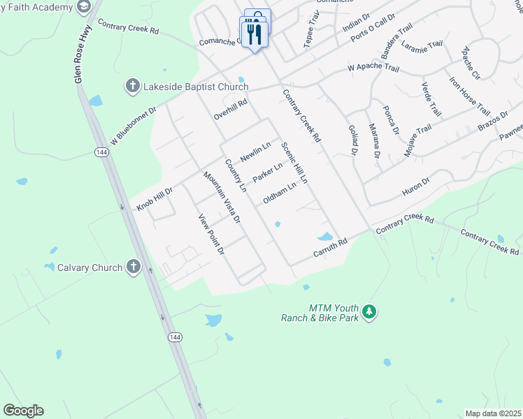 map of restaurants, bars, coffee shops, grocery stores, and more near 601 Oldham Lane in Granbury