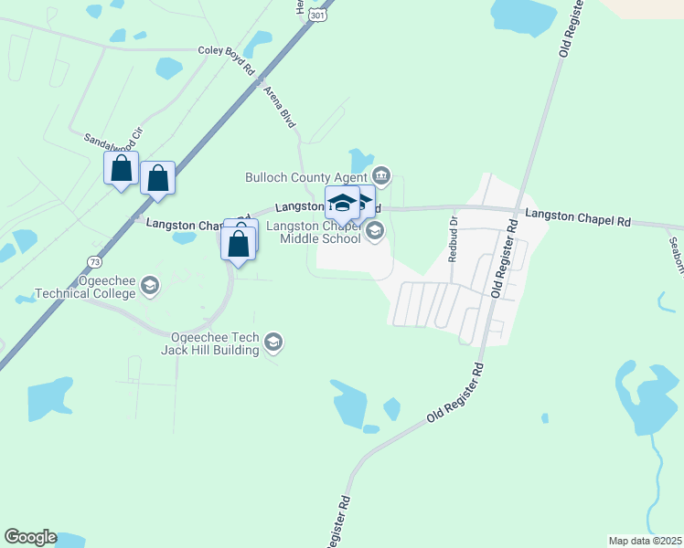 map of restaurants, bars, coffee shops, grocery stores, and more near 150 Langston Chapel Road in Statesboro