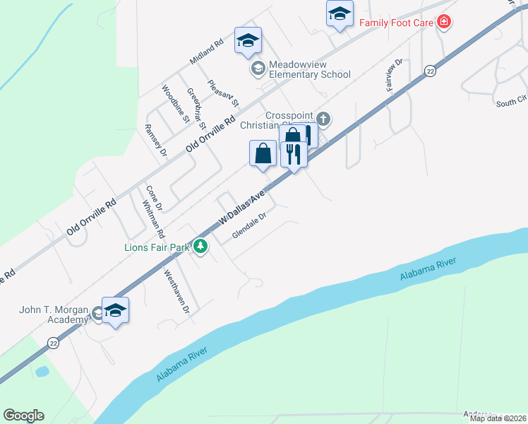 map of restaurants, bars, coffee shops, grocery stores, and more near 6 Glendale Drive in Selma