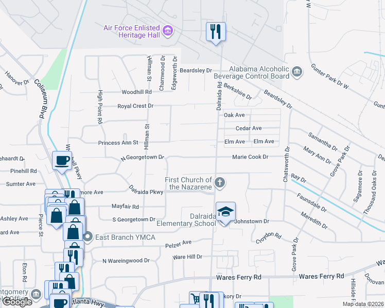 map of restaurants, bars, coffee shops, grocery stores, and more near 3746 Marie Cook Drive in Montgomery