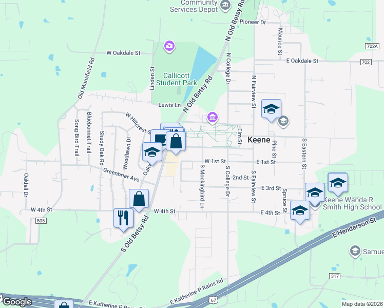 map of restaurants, bars, coffee shops, grocery stores, and more near 204 North Val Verde in Keene