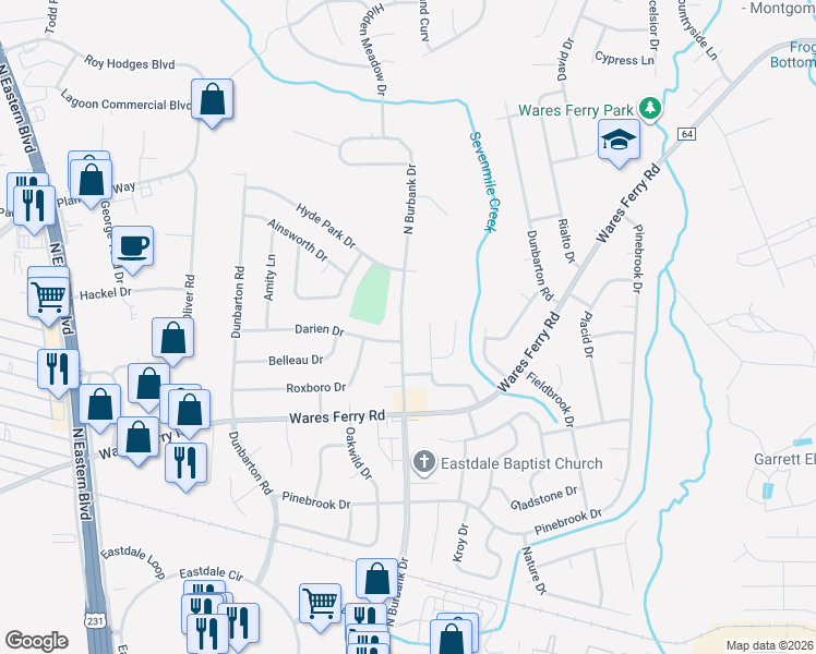 map of restaurants, bars, coffee shops, grocery stores, and more near 748 North Burbank Drive in Montgomery