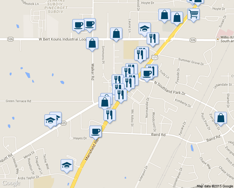 map of restaurants, bars, coffee shops, grocery stores, and more near 3020 Highway 525 in Shreveport