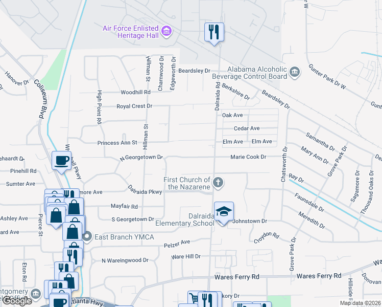 map of restaurants, bars, coffee shops, grocery stores, and more near 3746 Marie Cook Drive in Montgomery