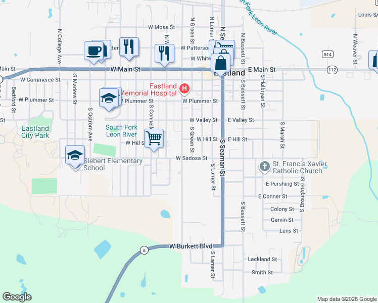 map of restaurants, bars, coffee shops, grocery stores, and more near 614 South Daugherty Avenue in Eastland