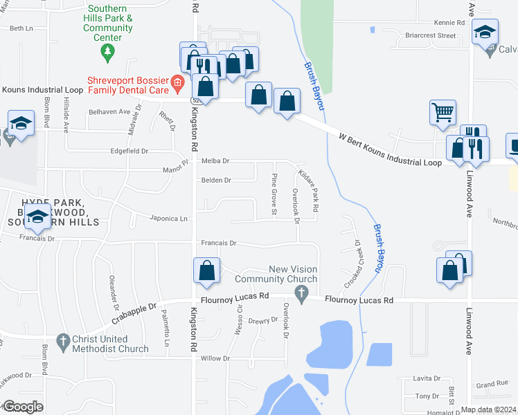 map of restaurants, bars, coffee shops, grocery stores, and more near 9309 New London Street in Shreveport