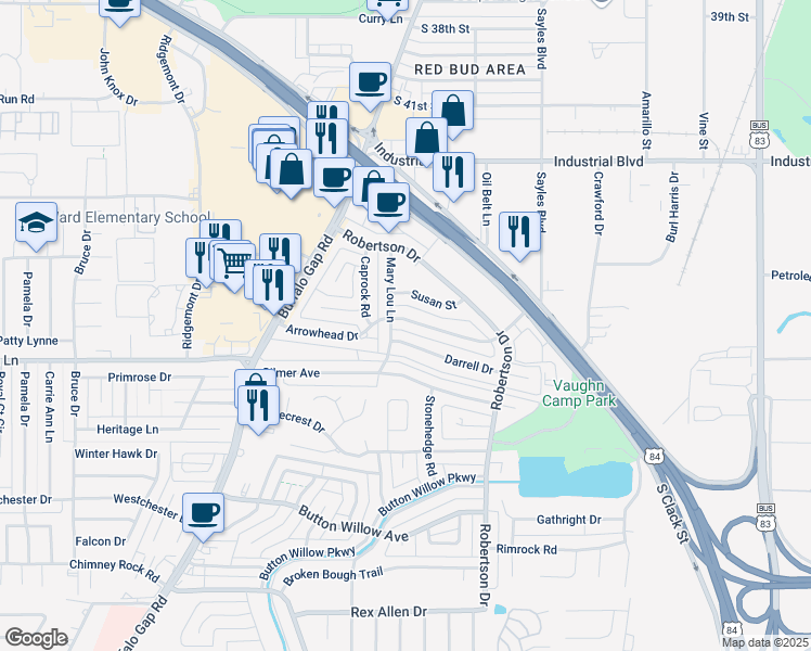 map of restaurants, bars, coffee shops, grocery stores, and more near 2809 Arrowhead Drive in Abilene