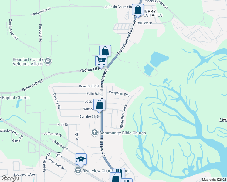 map of restaurants, bars, coffee shops, grocery stores, and more near 18 Congaree Way in Beaufort