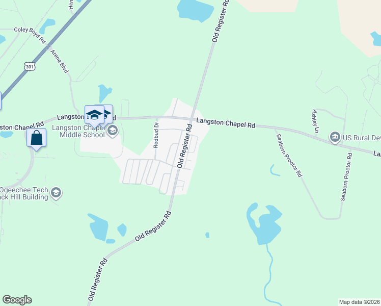 map of restaurants, bars, coffee shops, grocery stores, and more near 2080 Old Register Road in Statesboro