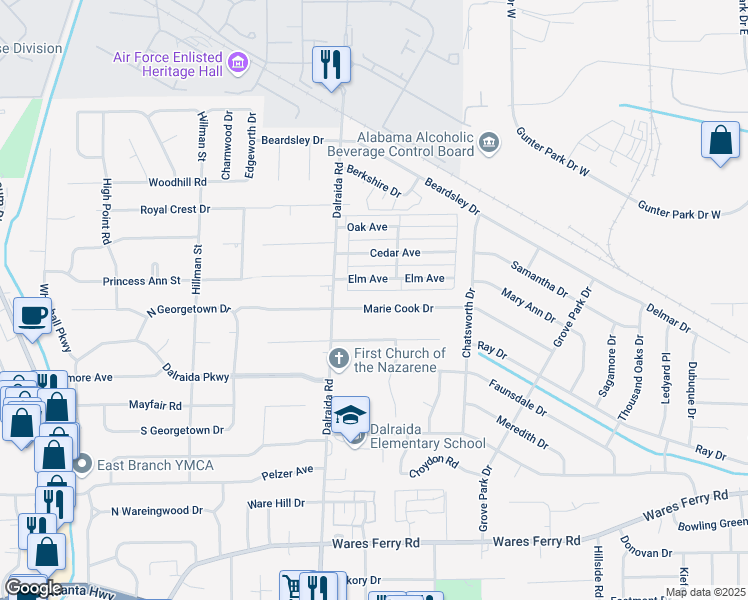 map of restaurants, bars, coffee shops, grocery stores, and more near 3818 Marie Cook Drive in Montgomery