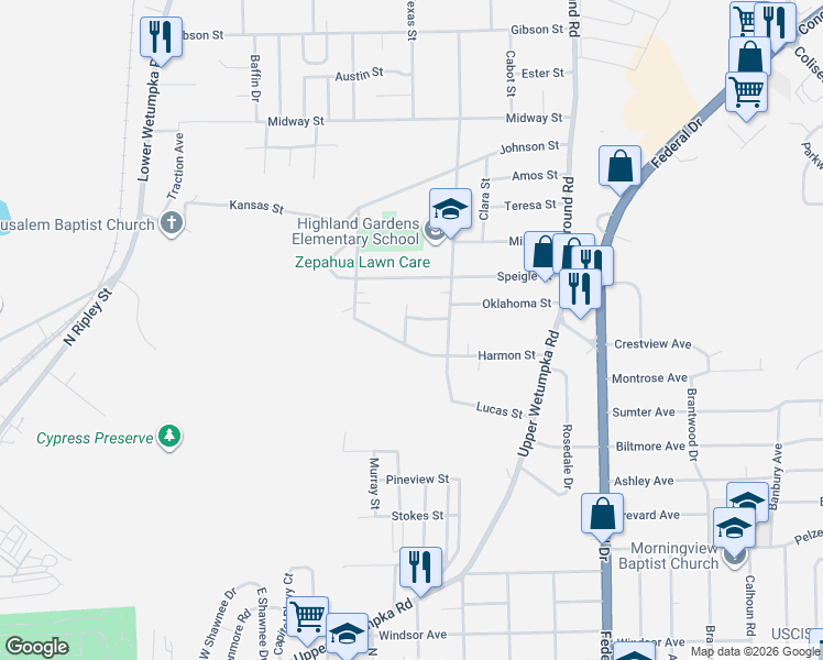 map of restaurants, bars, coffee shops, grocery stores, and more near 1959 Harmon Street in Montgomery