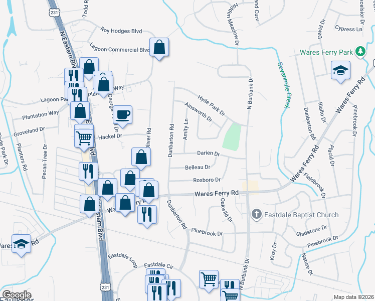 map of restaurants, bars, coffee shops, grocery stores, and more near 5737 Darien Drive in Montgomery