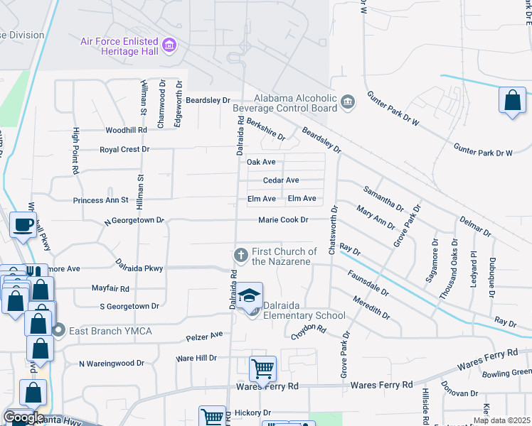 map of restaurants, bars, coffee shops, grocery stores, and more near 3818 Marie Cook Drive in Montgomery