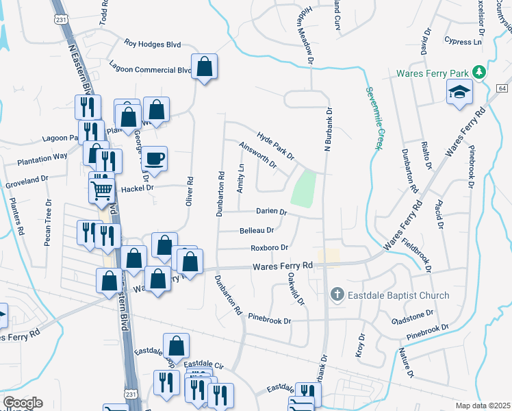 map of restaurants, bars, coffee shops, grocery stores, and more near 5742 Darien Drive in Montgomery