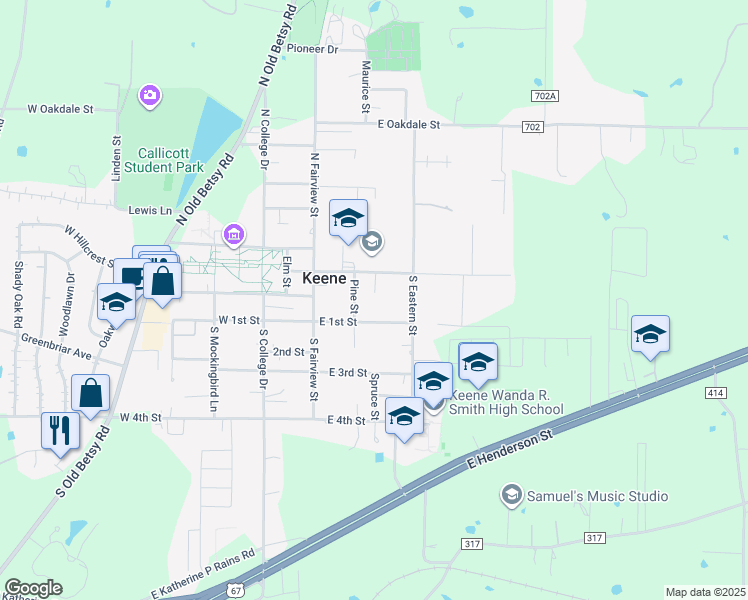 map of restaurants, bars, coffee shops, grocery stores, and more near 305 Pecan Street in Keene