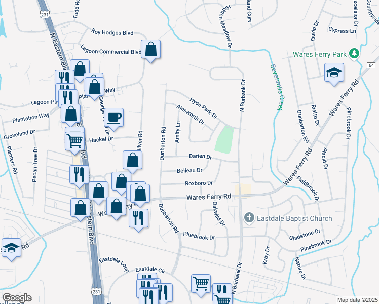 map of restaurants, bars, coffee shops, grocery stores, and more near 5742 Darien Drive in Montgomery