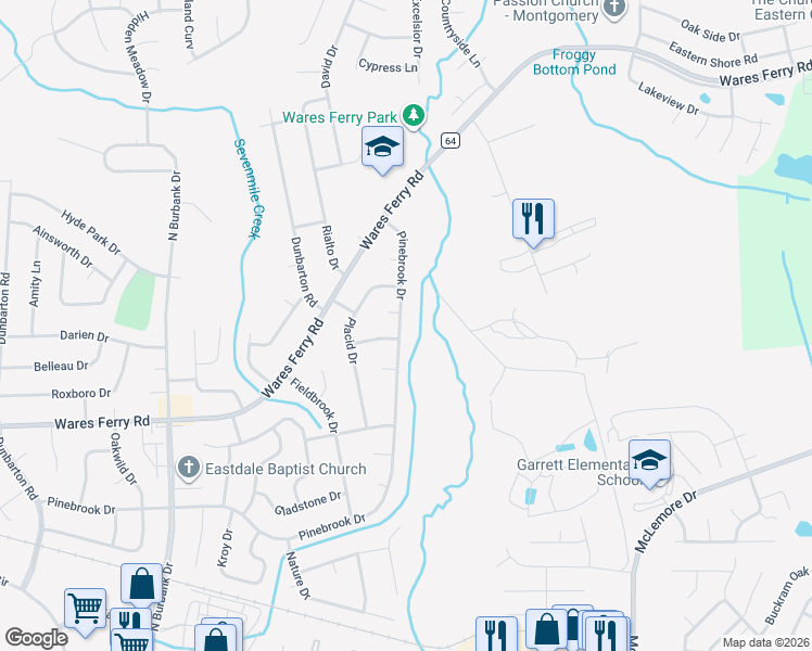 map of restaurants, bars, coffee shops, grocery stores, and more near 6508 Pinebrook Drive in Montgomery