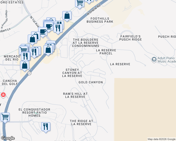 map of restaurants, bars, coffee shops, grocery stores, and more near 1540 East Deer Shadow Lane in Tucson