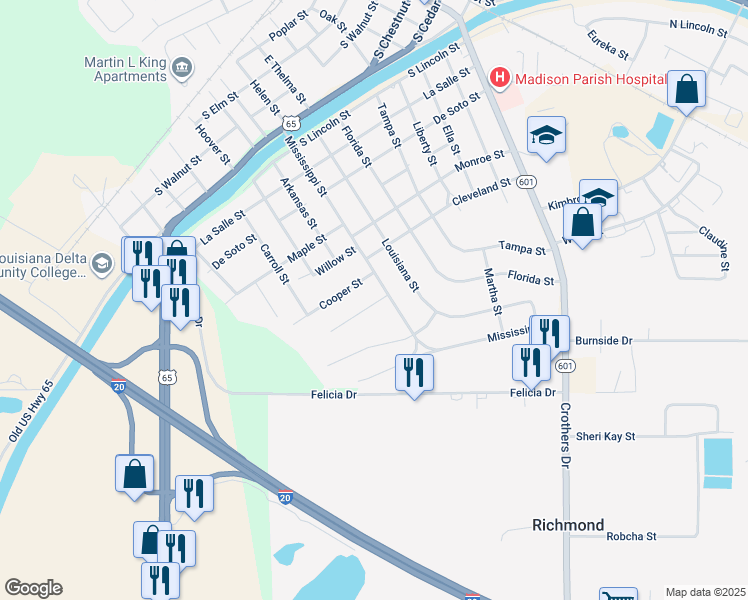 map of restaurants, bars, coffee shops, grocery stores, and more near 116 Johnie Street in Tallulah