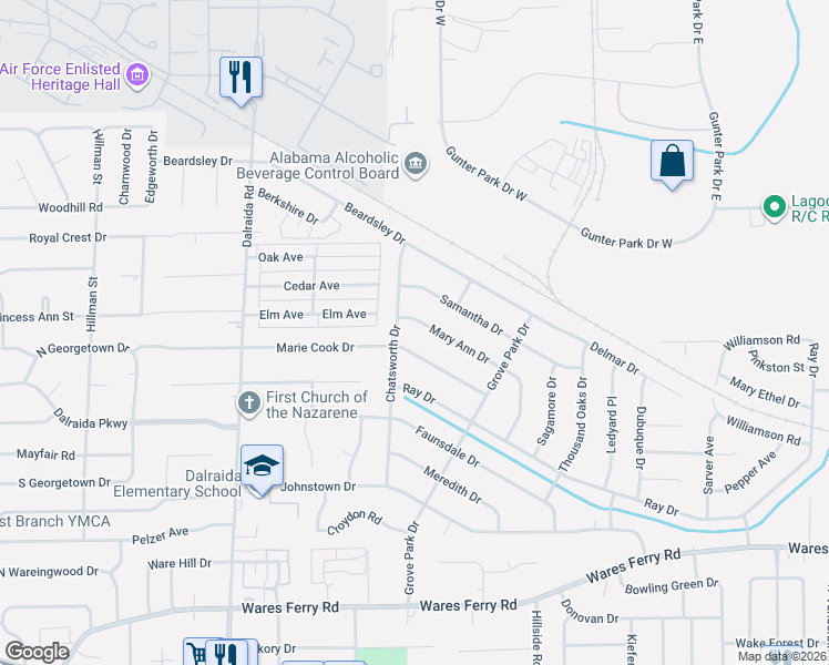 map of restaurants, bars, coffee shops, grocery stores, and more near 3925 Marie Cook Drive in Montgomery