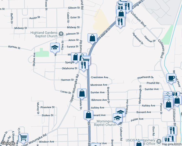 map of restaurants, bars, coffee shops, grocery stores, and more near 2703 Crestview Street in Montgomery