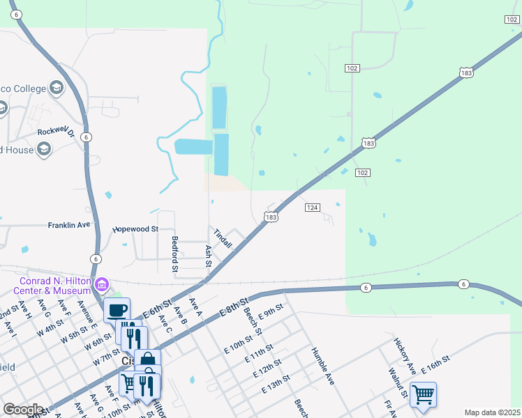 map of restaurants, bars, coffee shops, grocery stores, and more near 1001 Harris Street in Cisco