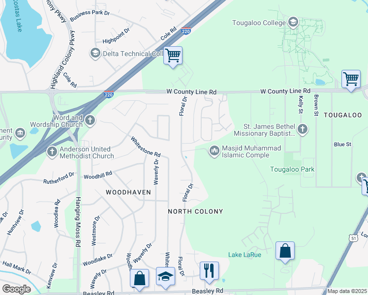 map of restaurants, bars, coffee shops, grocery stores, and more near 6160 Whitestone Road in Jackson