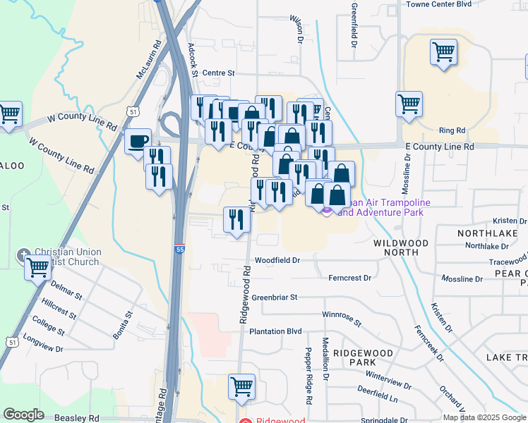 map of restaurants, bars, coffee shops, grocery stores, and more near 6232 Ridgewood Road in Jackson
