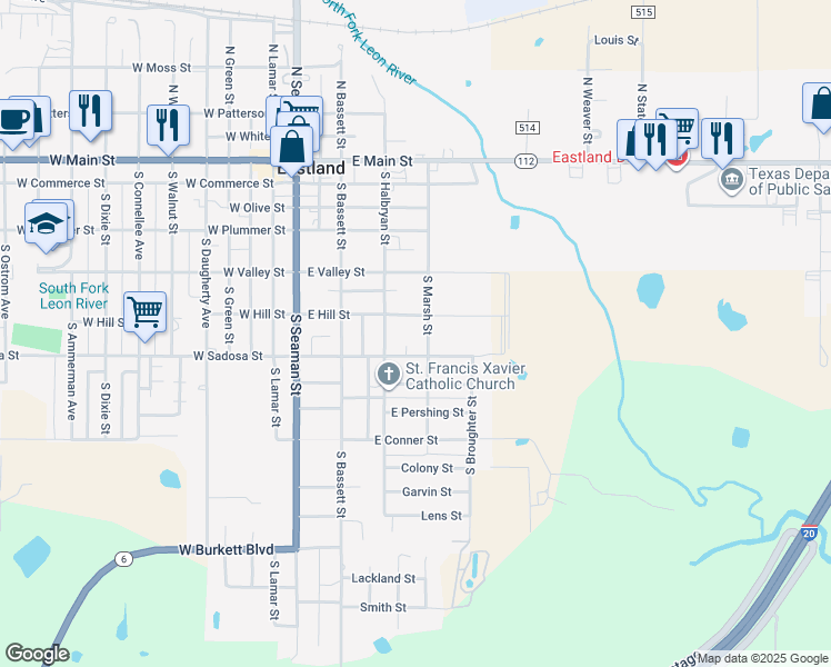 map of restaurants, bars, coffee shops, grocery stores, and more near 408 East Sadosa Street in Eastland