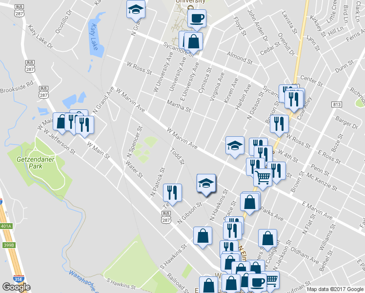 map of restaurants, bars, coffee shops, grocery stores, and more near 909 West Marvin Avenue in Waxahachie