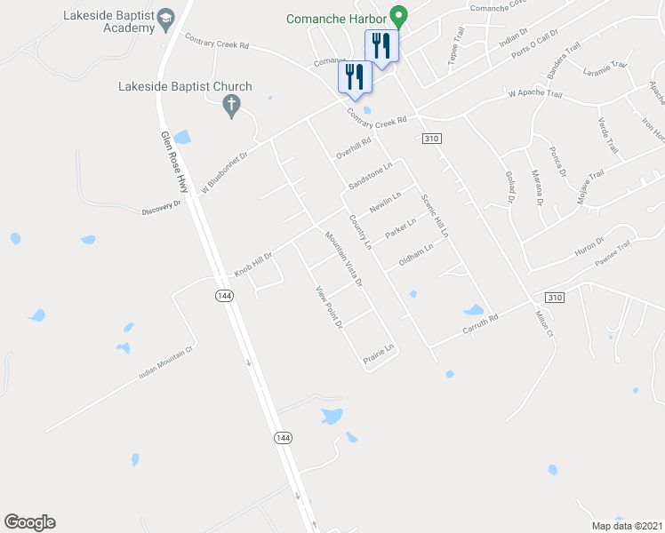 map of restaurants, bars, coffee shops, grocery stores, and more near 305 Stoneview Drive in Granbury
