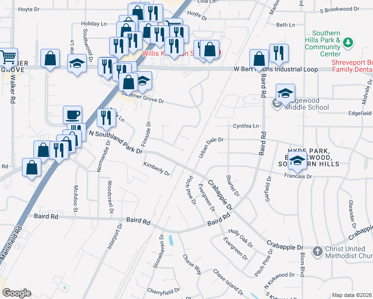 map of restaurants, bars, coffee shops, grocery stores, and more near 1102 Cloverdale Drive in Shreveport