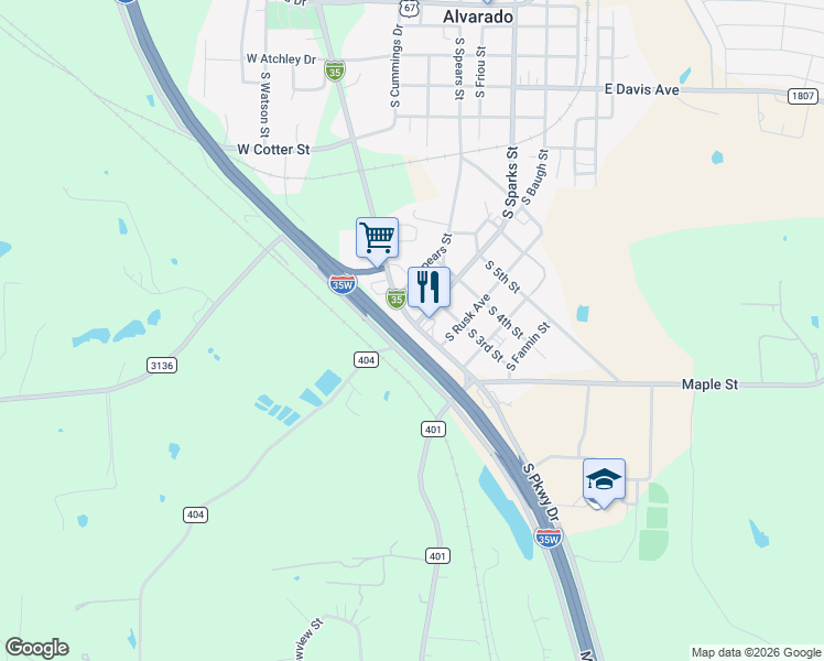 map of restaurants, bars, coffee shops, grocery stores, and more near 902 South Parkway Drive in Alvarado
