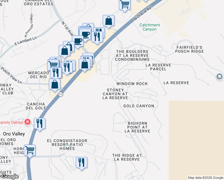 map of restaurants, bars, coffee shops, grocery stores, and more near 1315 East Stoney Canyon Circle in Tucson