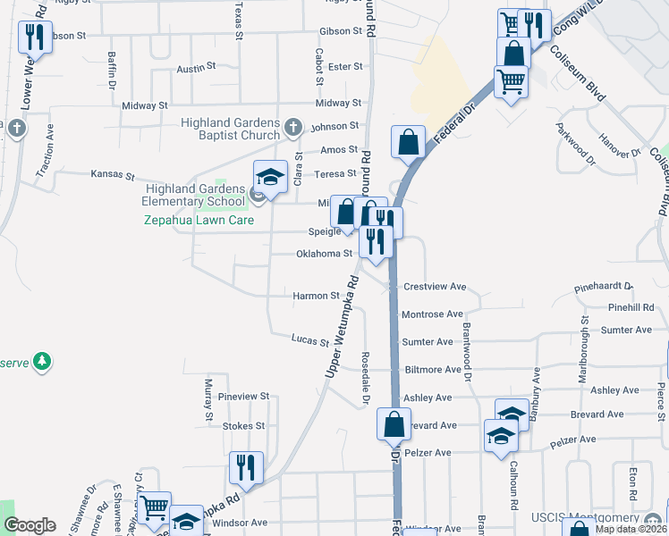 map of restaurants, bars, coffee shops, grocery stores, and more near 2079 Harmon Street in Montgomery