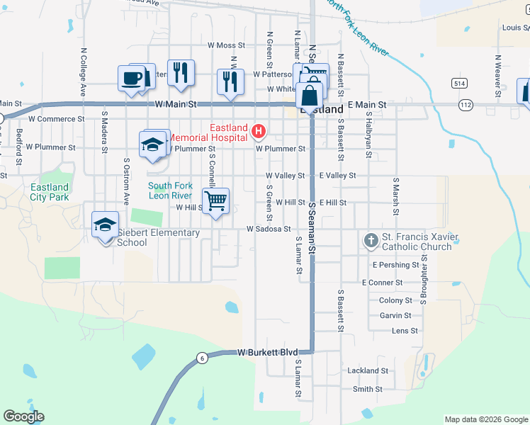 map of restaurants, bars, coffee shops, grocery stores, and more near 614 South Daugherty Avenue in Eastland