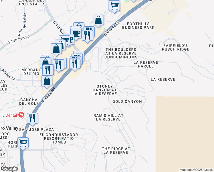 map of restaurants, bars, coffee shops, grocery stores, and more near 1315 East Stoney Canyon Circle in Tucson