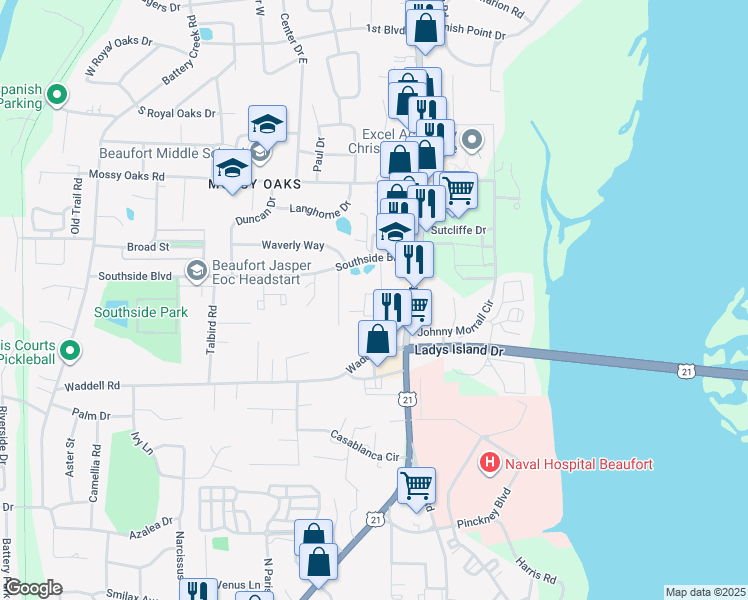 map of restaurants, bars, coffee shops, grocery stores, and more near 2208 Southside Boulevard in Port Royal
