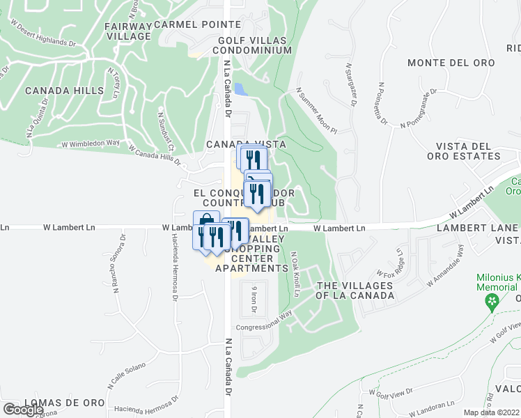 map of restaurants, bars, coffee shops, grocery stores, and more near 10450 North La Cañada Drive in Oro Valley