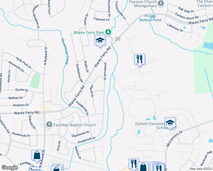 map of restaurants, bars, coffee shops, grocery stores, and more near 6514 Pinebrook Drive in Montgomery