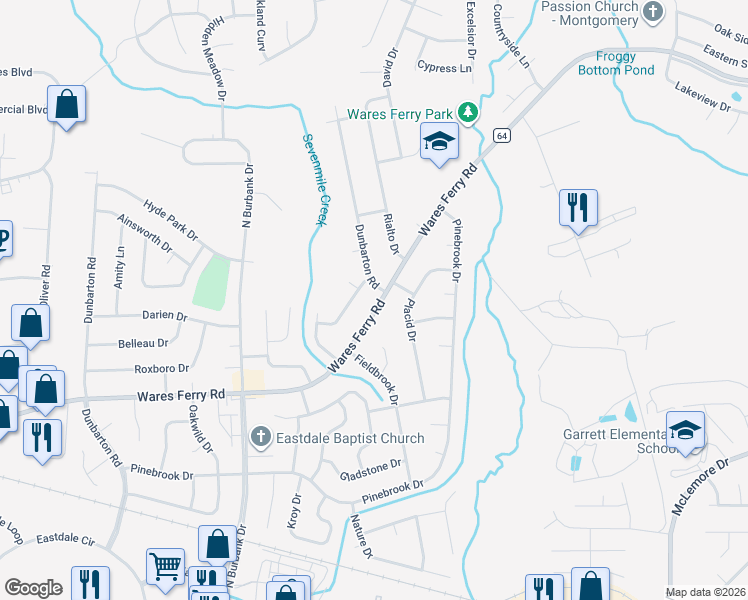 map of restaurants, bars, coffee shops, grocery stores, and more near 1444 Dunbarton Road in Montgomery