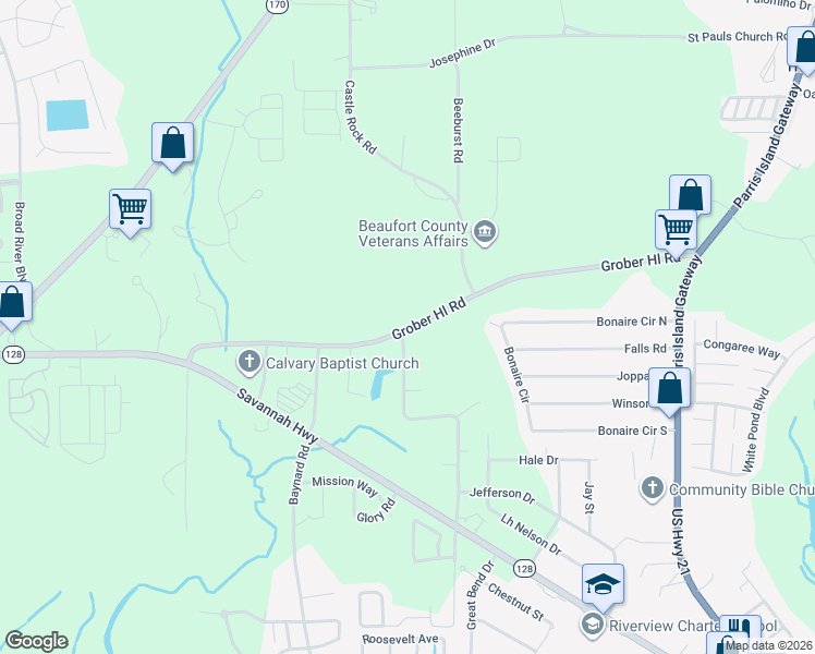map of restaurants, bars, coffee shops, grocery stores, and more near 127 State Road S-7-23 in Beaufort