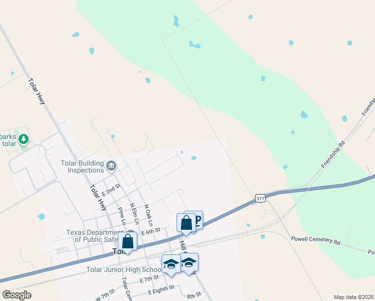 map of restaurants, bars, coffee shops, grocery stores, and more near 418 East 4th Street in Tolar