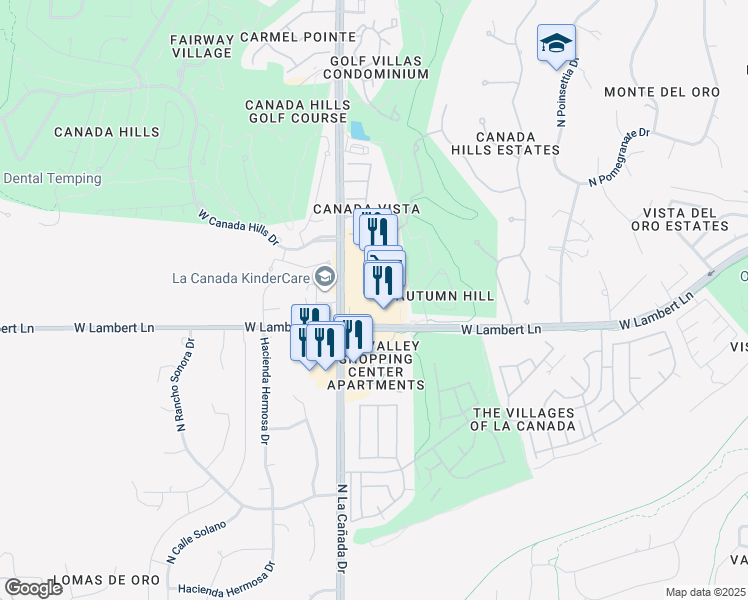 map of restaurants, bars, coffee shops, grocery stores, and more near 10450 North La Cañada Drive in Oro Valley